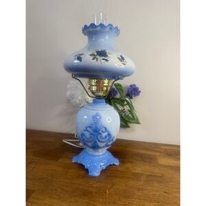 Vintage Blue Milk Glass Table Lamp Hand‎ Painted Floral Hurricane Shade 3 Way